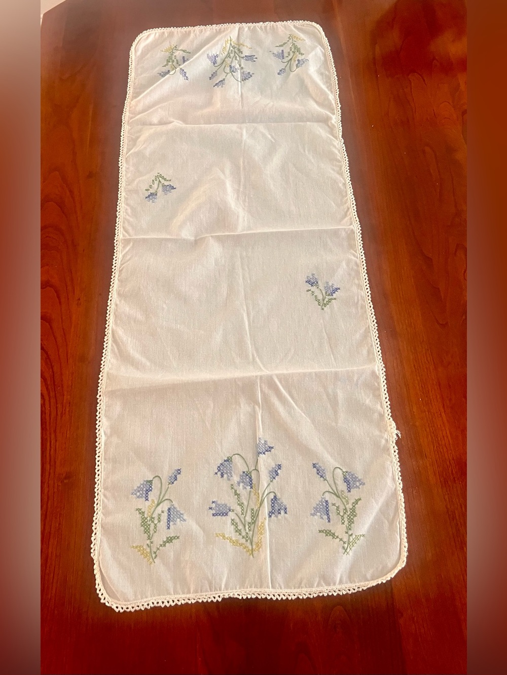 Hand-Embroidered White Linen Table Runner with Blue Floral Motif 30” x 14”